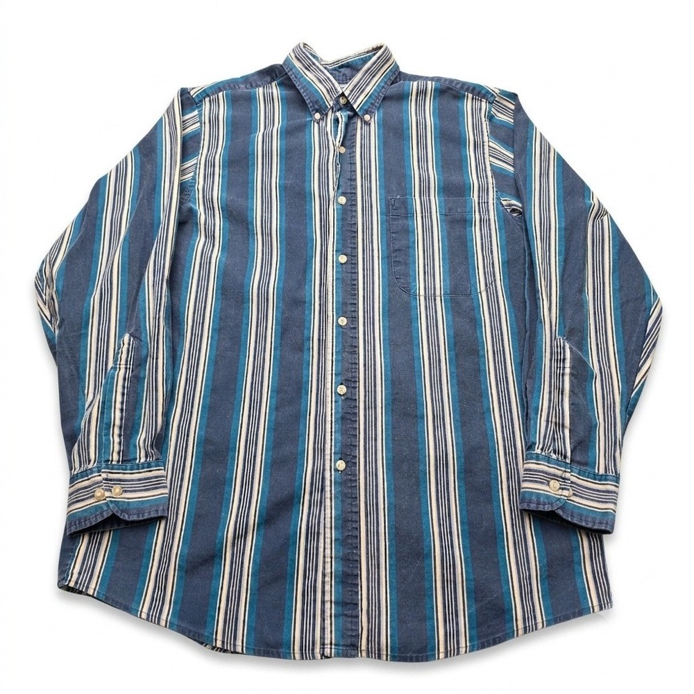 Vintage Y2K Striped Button Down Shirt Mens Medium Blue Long Sleeve 100% Cotton